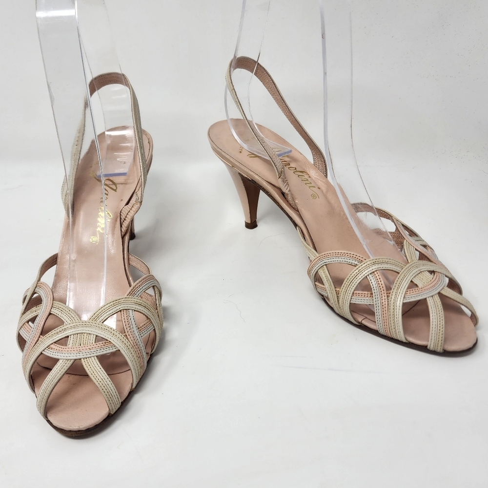 Vintage Slingback Heels Lace Leather Strappy Beige‎ Pink Womens 5.5